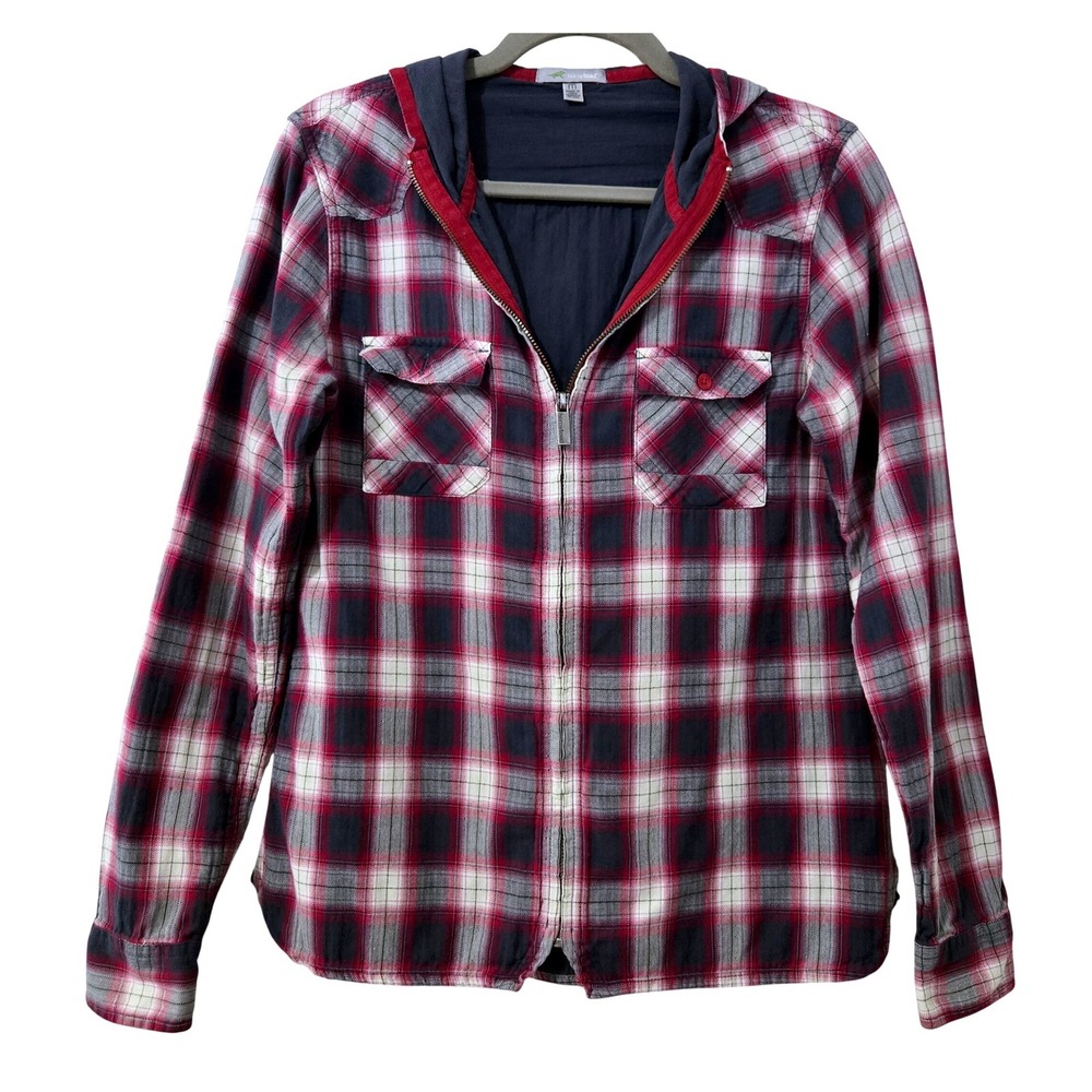 Horny‎ Toad Womens Gorpcore Plaid Full Zip Hooded Flannel Shirt Red Navy Size M